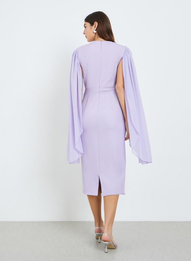 Styli Women Lilac Cape Sleeve Sheath Midi Dress - Image 4